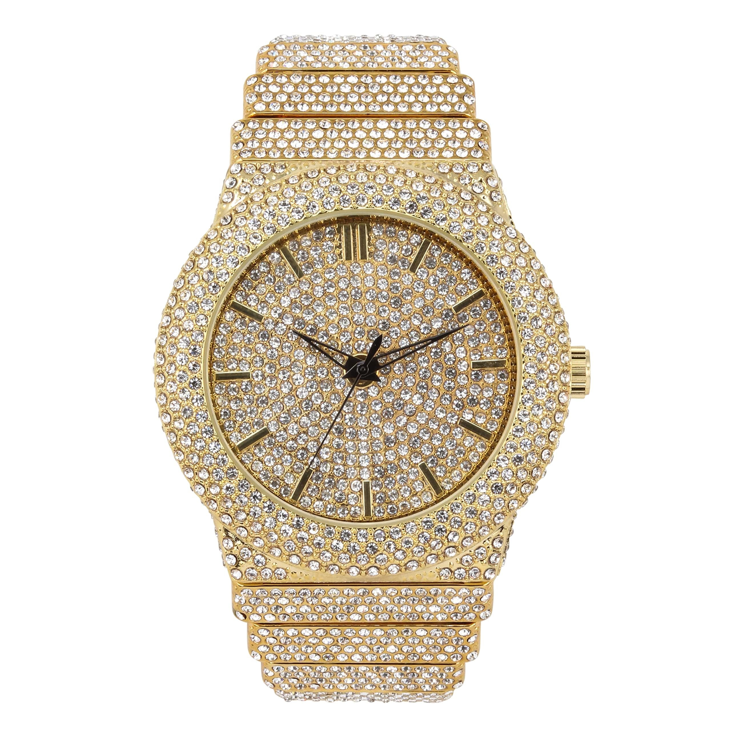 Men's Round Iced Out Diamond Watch - Brilliant Crystals, Bling Dial, Iced  Bezel - Fully Iced Out Band with Adjustable Sizing - 14k Gold Finish 