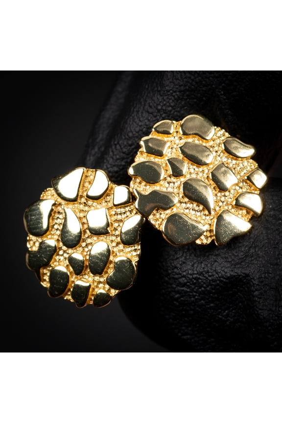 Men's Round Large 14K Gold Plated 925 Sterling Hip Hop Nugget Stud Earrings