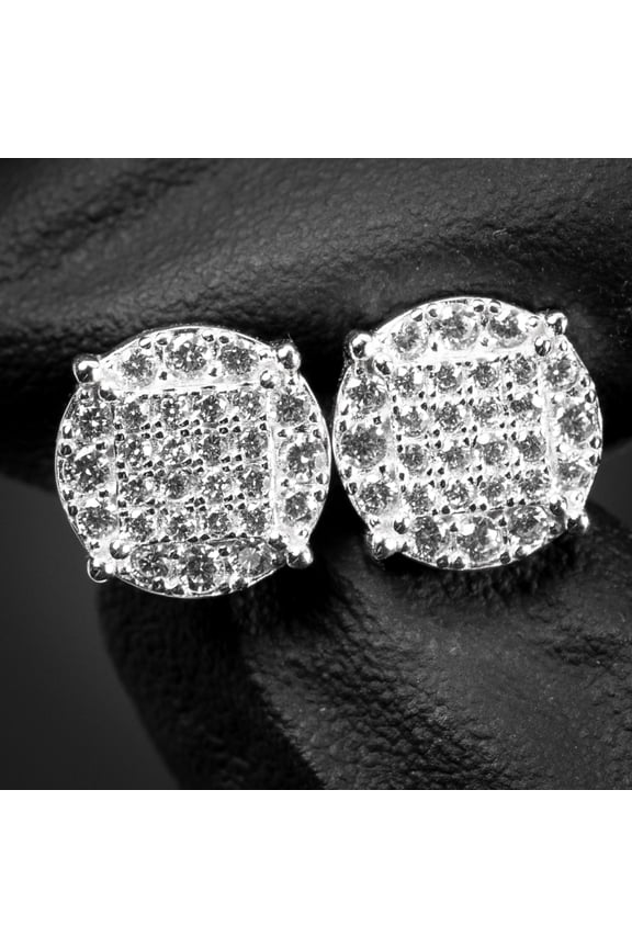 Men's Round Micro Pave Set White Gold Plated Sterling Silver Stud Screw Back Earrings