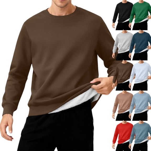 Men's Round Neck Fleece Lined Thick Solid Color Sweatshirt, Heavyweight Pullover for Extreme Cold, Winter Outdoor Activities and Daily Warmth,Brown,S