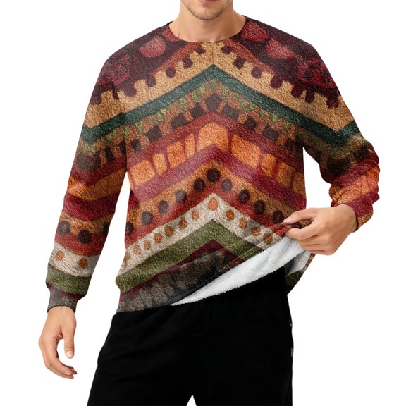 Men's Round Neck Fleece Lined Thick Warm Sweatshirt with Geometric Pattern Print - Modern and Comfortable Pullover Hoodie for Everyday Wear and Trendy Style,Orange,S