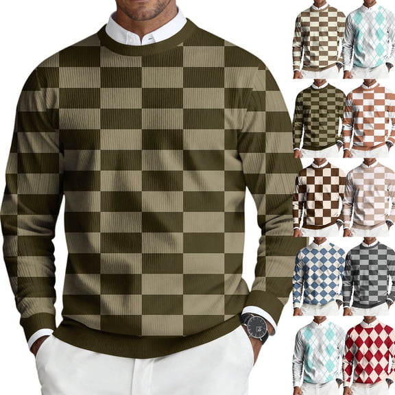 Men's Round Neck Long Sleeve Ribbed Knit Plaid Pullover, Sweater for Fall Winter, Casual Style and Holiday Gatherings,Gray,M