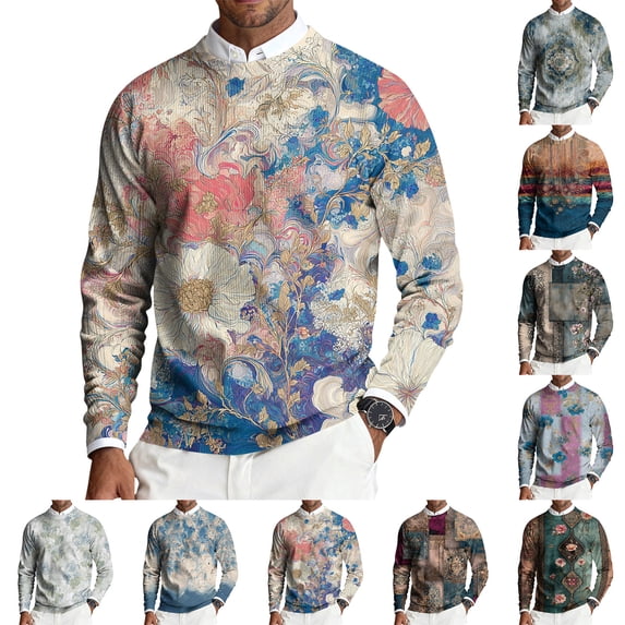 Men's Round Neck Long Sleeve Ribbed Knit Pullover, Retro Texture Print Sweater for Casual Outings, Daily Wear and Street Style,Blue,L