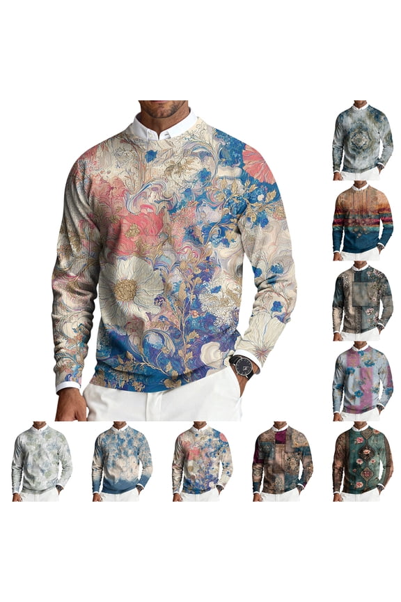 Men's Round Neck Long Sleeve Ribbed Knit Pullover, Retro Texture Print Sweater for Casual Outings, Daily Wear and Street Style,Gray,S