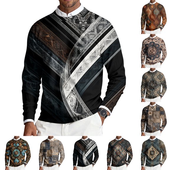 Men's Round Neck Long Sleeve Ribbed Knit Pullover, Retro Texture Print Sweater for Fall Winter, Casual Comfort and Seasonal Layering,Dark Blue,XL