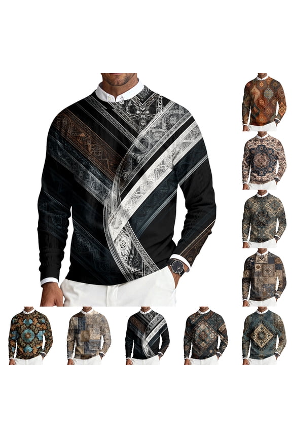 Men's Round Neck Long Sleeve Ribbed Knit Pullover, Retro Texture Print Sweater for Fall Winter, Casual Comfort and Seasonal Layering,Gray,XL