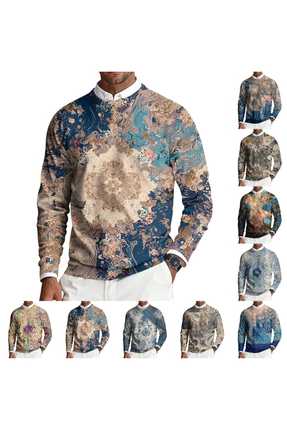 Men's Round Neck Long Sleeve Ribbed Knit Pullover, Retro Texture Print Sweater for Fall Winter, Versatile Top for Multiple Occasions,Blue,XL