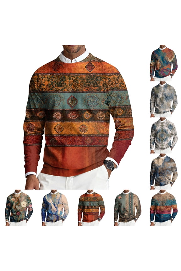 Men's Round Neck Long Sleeve Ribbed Knit Pullover, Retro Texture Print Sweater for Holiday Season, Gift Giving and Comfort Wear,Gray,XL