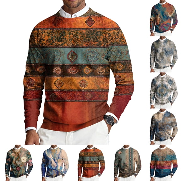 Men's Round Neck Long Sleeve Ribbed Knit Pullover, Retro Texture Print Sweater for Holiday Season, Gift Giving and Comfort Wear,Saffron,3XL
