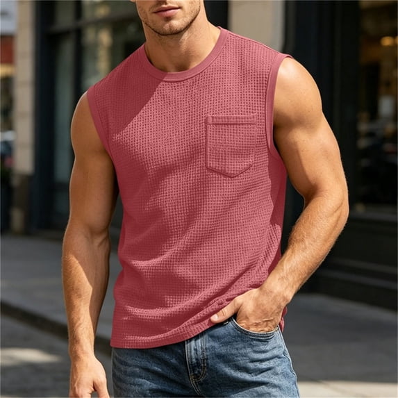 Men's Round Neck Sleeveless Casual Tank Top Cotton Solid Summer Tee with Pockets