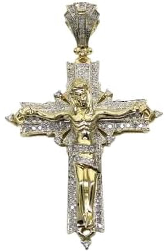 Men's Round Shape Lab Created Moissanite Diamond Tester Passed Jesus Face 2.5" Cross Pendant in 14K Yellow Gold Plated 925 Sterling Silver for Christmas