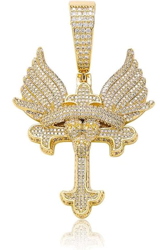 Men's Round Shape Real Moissanite Diamond Tester Passed Wings Cross Pendent in 925 Sterling Silver For Gift