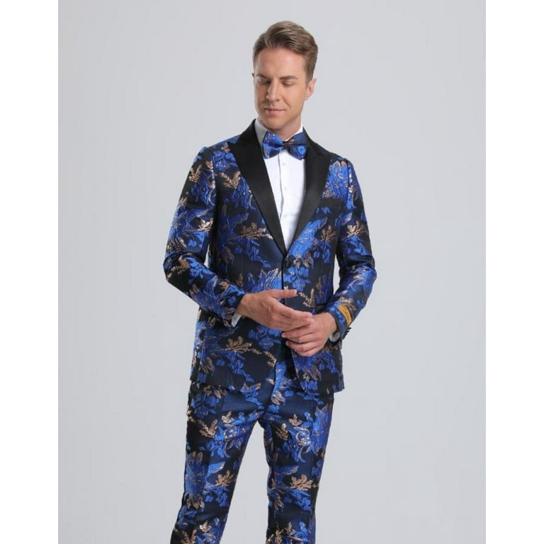 Men s Royal Blue Gold Floral Paisley Prom Tuxedo Walmart