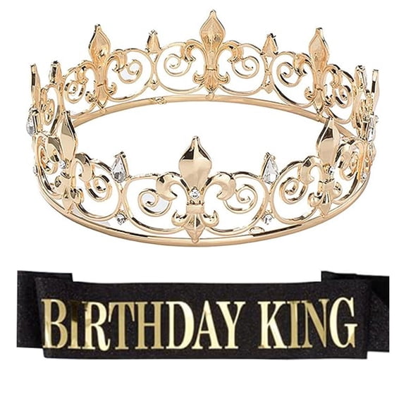 Men’s Royal Crowns & Birthday Sashes for Birthday Celebration Rhinestones Crowns and Sashes for Grooms Birthday Supply
