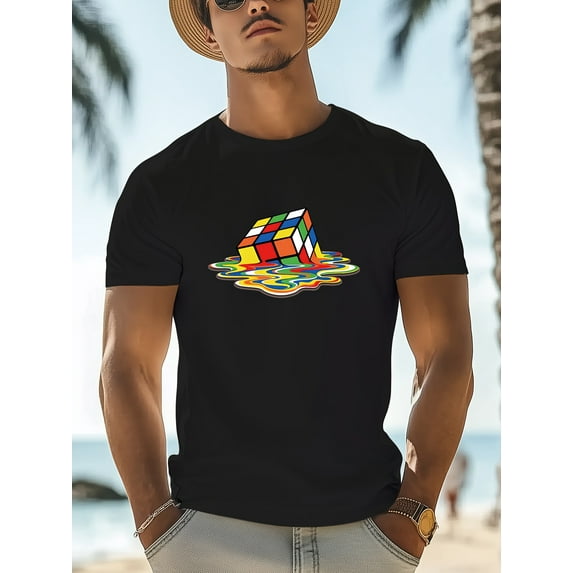 Men's Rubik's Cube Graphic T-Shirt - White Tee with Colorful Melting Puzzle Design, Lightweight Summer Shirt for Casual Everyday & Formal Outfits - Ideal Gift for Puzzle Lovers, Relaxed