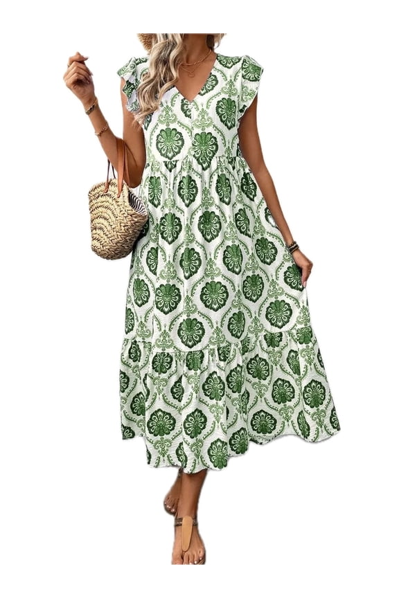 Men's Ruffled Printed V Neck Cap Sleeve Dress Ruched Bodice soft viscose % eighty three and polyamide % seventeen