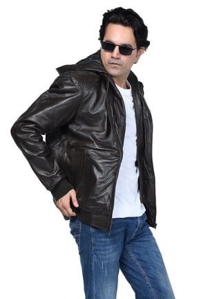 Men's Rugged Leather Jacket with Hood