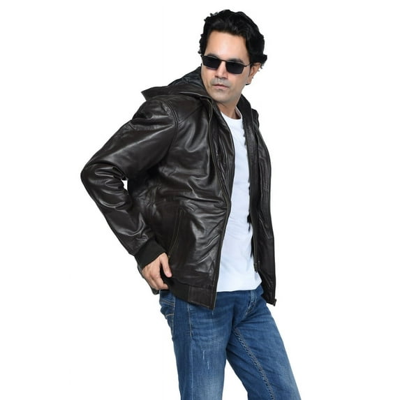 Men's Rugged Leather Jacket with Hood