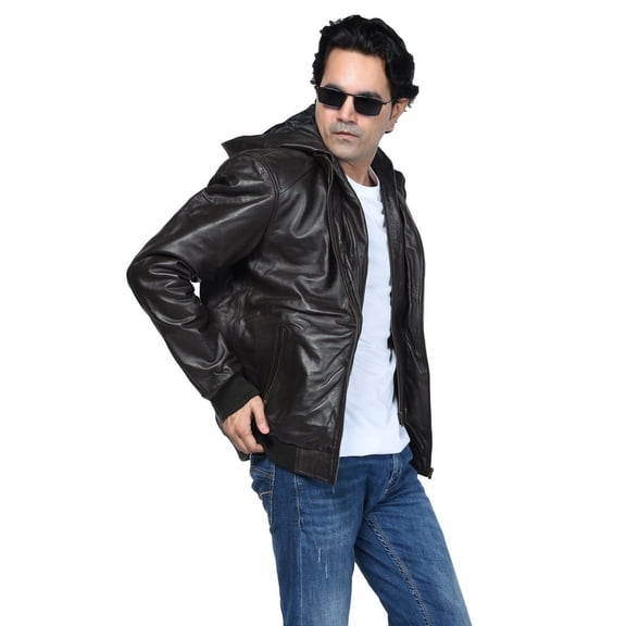 SHARO Men's Rugged Leather Jacket in Dark Chocolate Brown with Hood