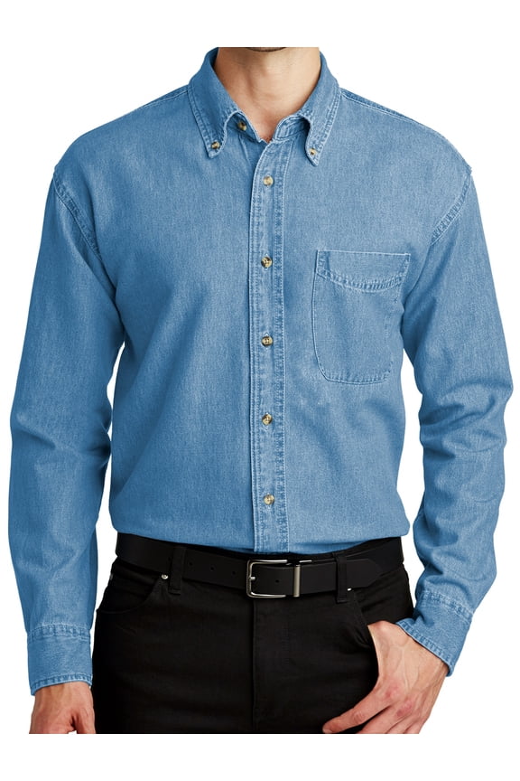 Men's Rugged Long Sleeve Denim Shirt, 2XL Faded Denim