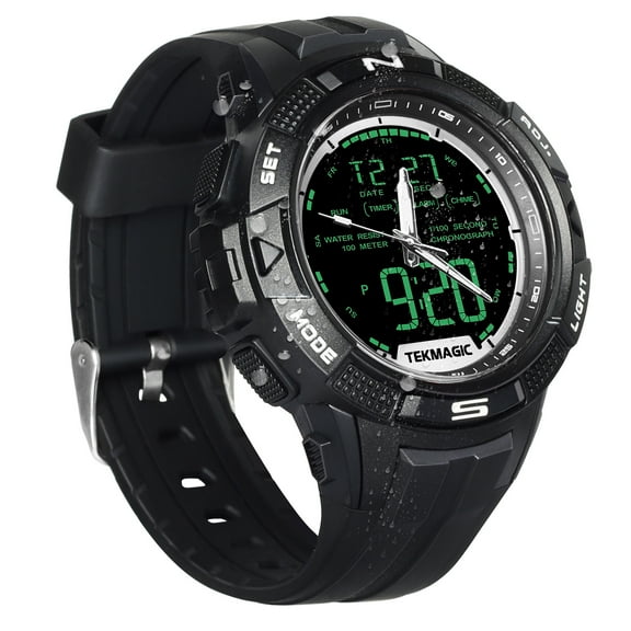 Men's Rugged Sports Watch 10 ATM Waterproof for Swimming and Diving with Alarm, Stopwatch, Timer, Countdown, Dual Time Zone, Calendar, Backlight, 12 or 24 Hours Format, Digital and Analog Display