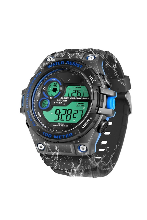 Men's Rugged Sports Wrist Watch 10 ATM Waterproof for Swimming and Diving with Alarm Clock, Stopwatch, Timer, Dual Time Zone, Calendar, Backlight, 12 or 24 Hours Format