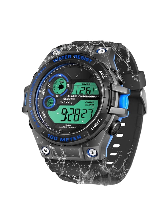 Men's Rugged Sports Wrist Watch 10 ATM Waterproof for Swimming and Diving with Alarm Clock, Stopwatch, Timer, Dual Time Zone, Calendar, Backlight, 12 or 24 Hours Format