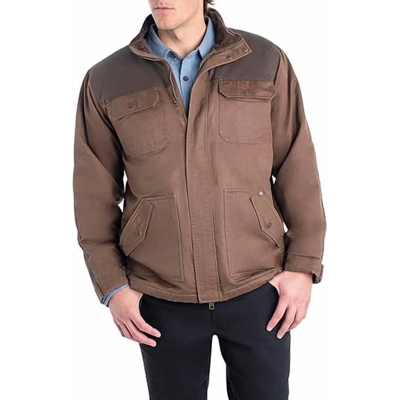 Men's Rugged Waxed Canvas Field Jacket Faux Leather Trim Insulated Utility Chore Barn Work Coat