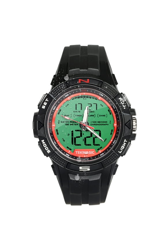 Men's Rugged Wrist Watch 10 ATM Waterproof for Swimming and Diving with Alarm, Stopwatch, Timer, Countdown, Dual Time Zone, Calendar, Backlight, 12 or 24 Hours Format, Digital and Analog Display