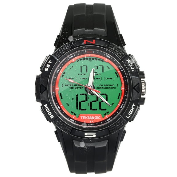 Men's Rugged Wrist Watch 10 ATM Waterproof for Swimming and Diving with Alarm, Stopwatch, Timer, Countdown, Dual Time Zone, Calendar, Backlight, 12 or 24 Hours Format, Digital and Analog Display