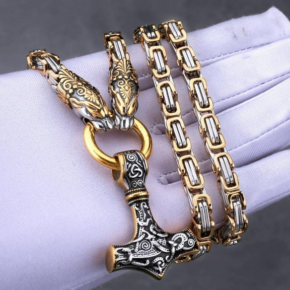 Men's Rune Hammer Pendant With Wolf Head, Stainless Steel Necklace