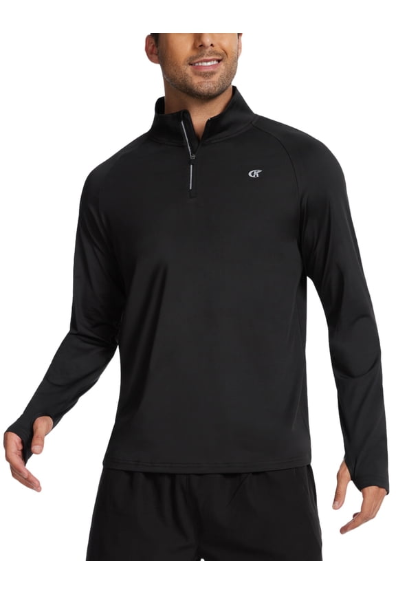 Men's Running Shirt Long Sleeve Quarter Zip Pullover Moisture Wicking UPF 50+ UV Protection Quick Dry Athletic Workout Shirts Black M