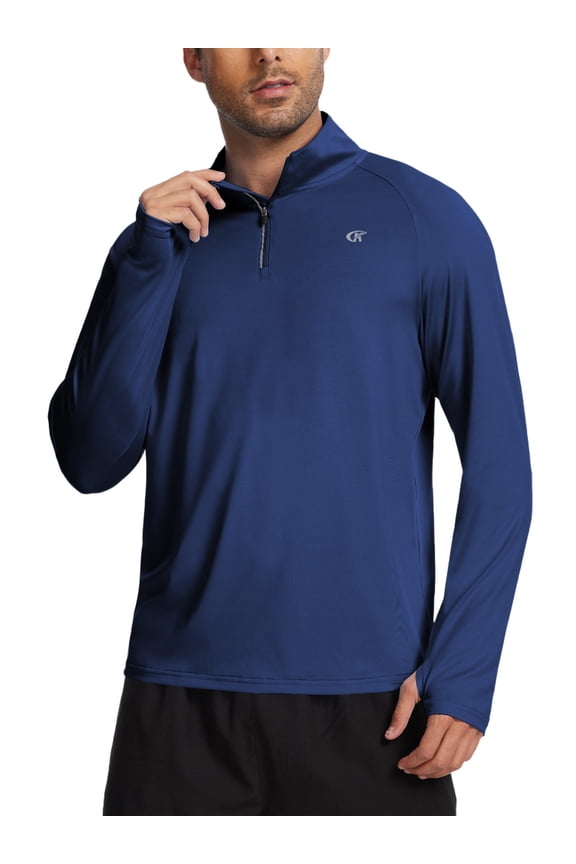 Men's Running Shirt Long Sleeve Quarter Zip Pullover Moisture Wicking UPF 50+ UV Protection Quick Dry Athletic Workout Shirts Navy L