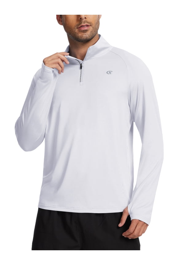 Men's Running Shirt Long Sleeve Quarter Zip Pullover Moisture Wicking UPF 50+ UV Protection Quick Dry Athletic Workout Shirts White M