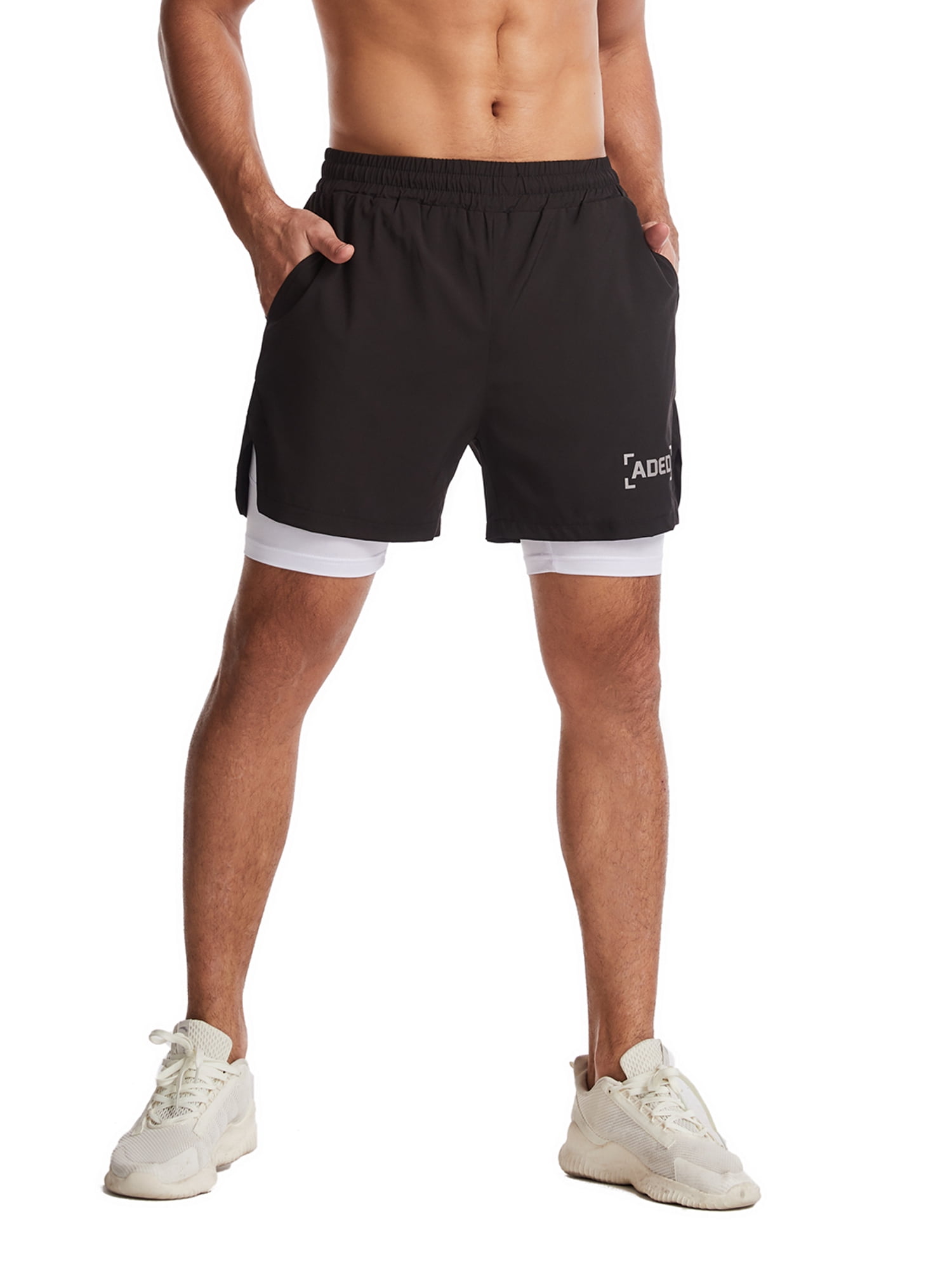 Men's Running Shorts Double Layer Exercise Gym Workout Quick Drying  Training Joggers 2 in 1 Sports Shorts with Zip Pockets
