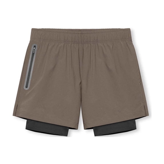 Men's Running Shorts with Zipper Pockets Quick Dry 2 in 1 Workout Gym Elastic Waist Shorts with Liner for Tennis Yoga Training Coffee M