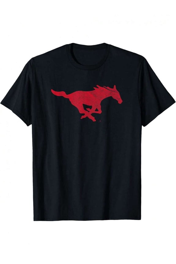 Men's SMU Mustangs Vintage Logo T-Shirt - 100% Cotton, Crew Neck, Short Sleeve, Black, Red Horse Print, Machine Washable, Sizes S-XXXL - Ideal Gift For Dad, Husband, Grandpa
