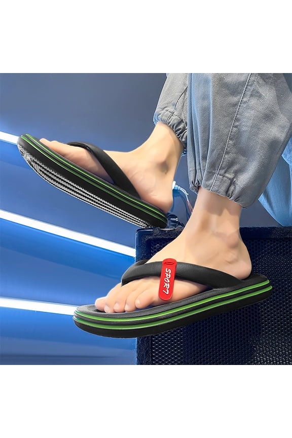 Men's SPORT Logo Color Striped Flip Flops Summer Outdoor Thick Sole Non-Slip Sandals Trendy Sport Beach Shoes