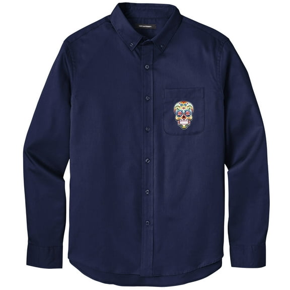 Men's SUGAR SKULL PATCH Twill Shirt with Pocket, Large Navy Blue