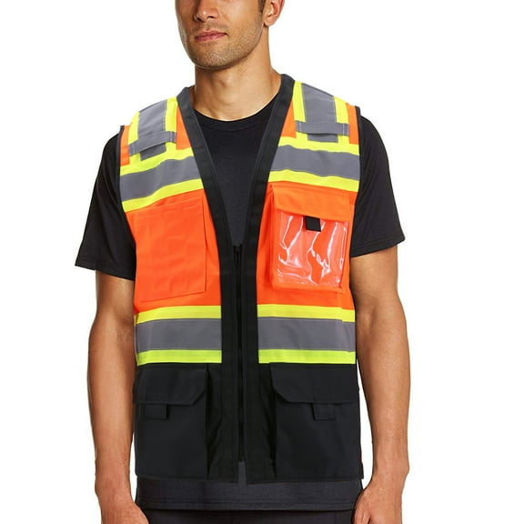 Men's Safety High Visibility Zipper Reflective Neon Class 2 Type R Work Vest (Orange, M)
