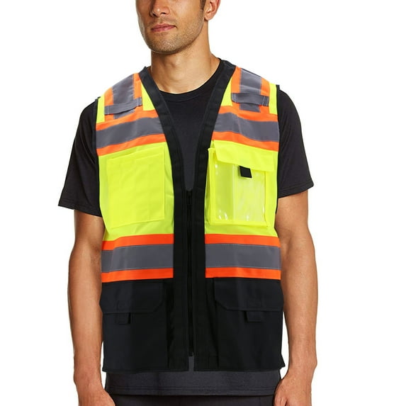Men's Safety High Visibility Zipper Reflective Neon Class 2 Type R Work Vest (Yellow, XL)