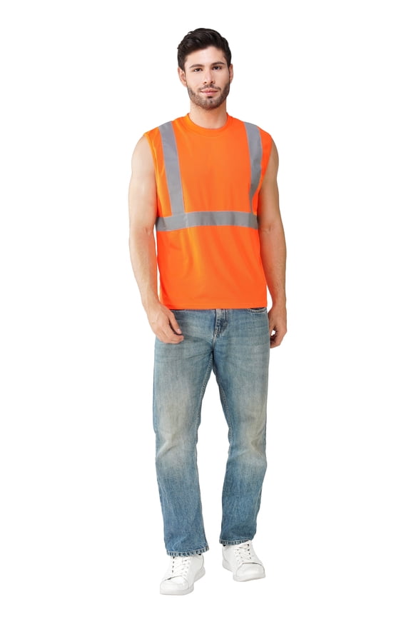 Men's Safety Orange Muscle Shirt - Reflective Safety Tank Top-6610-Org-XL