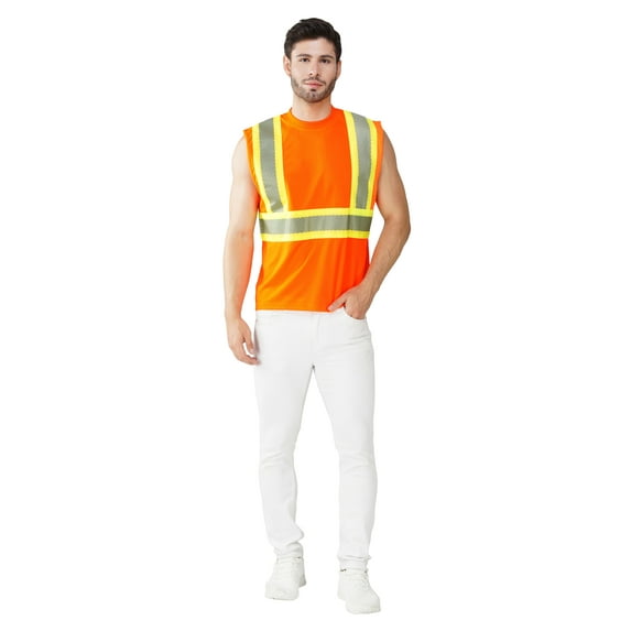 Men's Safety Yellow Muscle Shirt - Double Segmented Reflective Safety Tank Top-6612R-Org-2XL