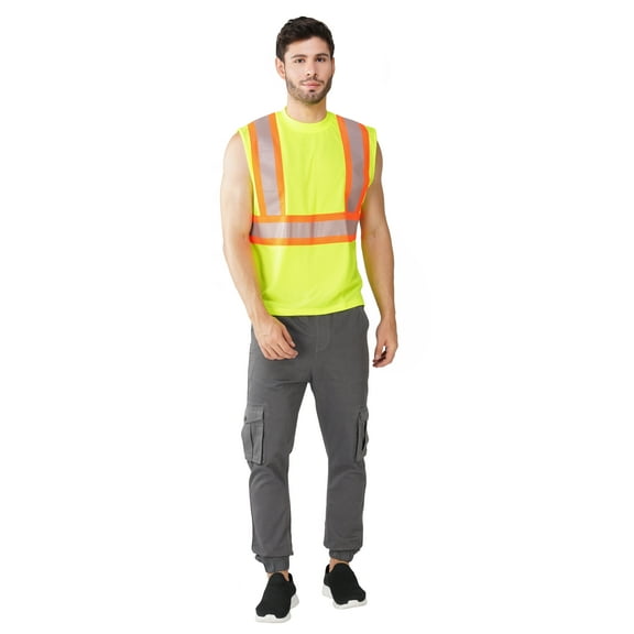 Men's Safety Yellow Muscle Shirt - Double Segmented Reflective Safety Tank Top-6612R-Yell-M