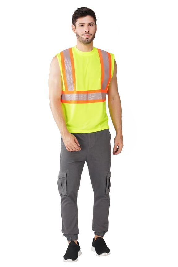 Men's Safety Yellow Muscle Shirt - Double Segmented Reflective Safety Tank Top-6612R-Yell-M