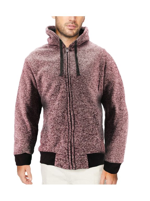 Men's Salt and Pepper Soft Sweater Sherpa Lined Heathered Zip Up Hoodie Jacket (Red, L)