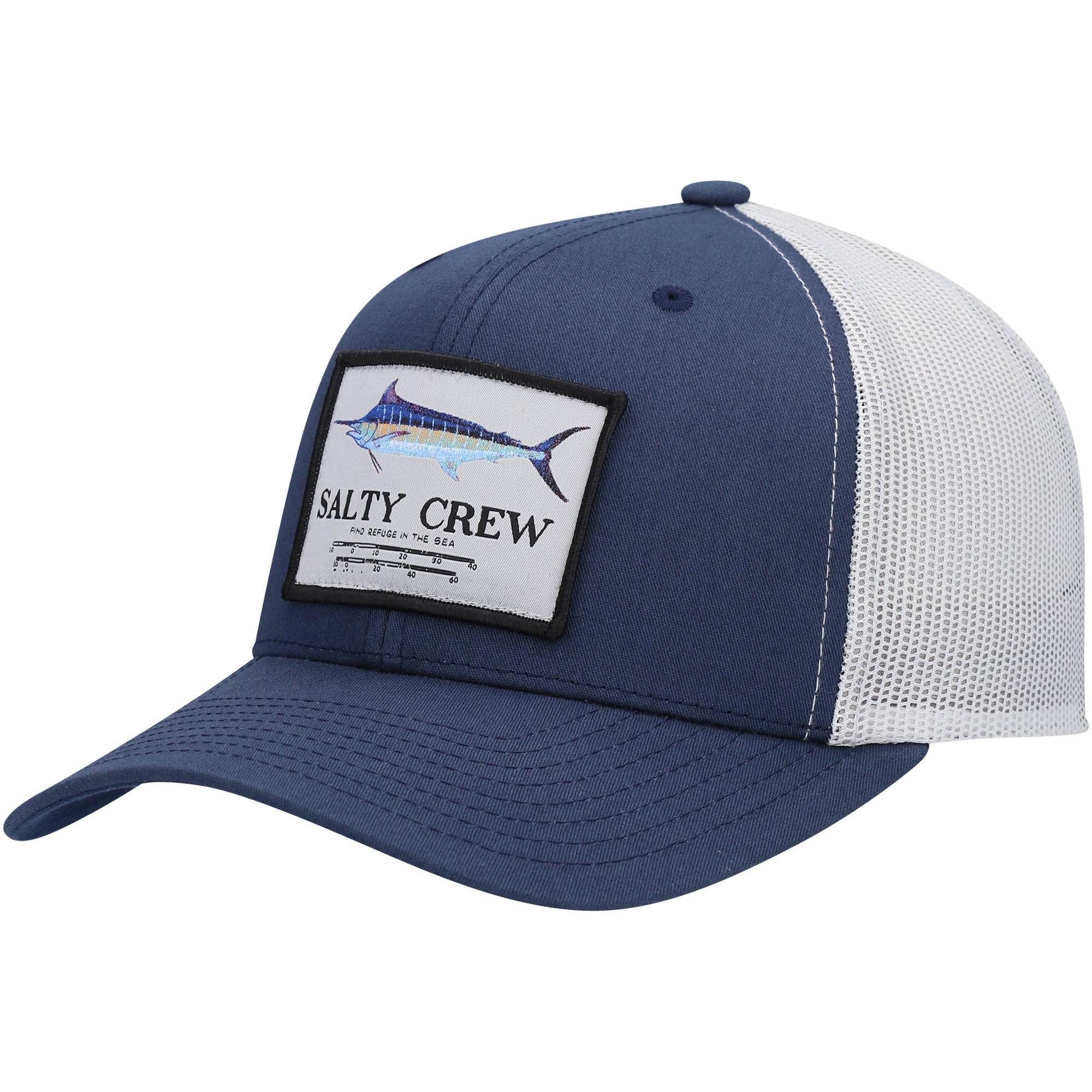 Men's Salty Crew Navy/Silver Marlin Mount Retro Trucker Snapback Hat - OSFA  