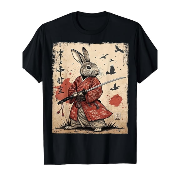 Men's Samurai Rabbit Japanese Anime T-Shirt - Retro Manga Graphic Tee with Samurai Rabbit Character, Casual Short Sleeve Shirt for Casual Attire & Comic Conventions, Fit