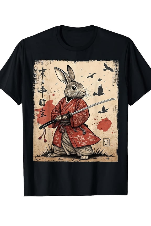Men's Samurai Rabbit Japanese Anime T-Shirt - Retro Manga Graphic Tee with Samurai Rabbit Character, Casual Short Sleeve Shirt for Casual Attire & Comic Conventions, Fit