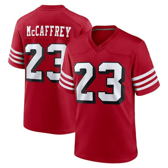 Men's San Francisco McCaffrey 23 Scarlet Alternate Stitched T-Shirts Sports Player Game Top, 3X-Large